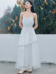 Retro Solid Embroidered Splicing Net Yarn V-Neck Maxi Dress