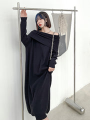 Retro Solid Color Knitted High-Neck Midi Dress