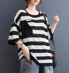 Women Round Neck Pocket Striped Short Sleeve T-Shirt