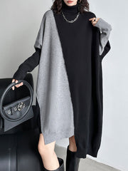 Asymmetric Contrast Color Split-Joint Batwing Sleeves Long Sleeves High Neck Sweater Dresses Midi Dresses