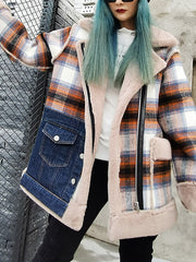 Women Plaid Stitching Loose Casual Coat