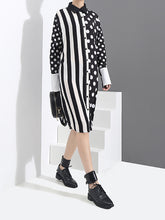 Women Striped Polka Dot Print Casual Shirt Dress