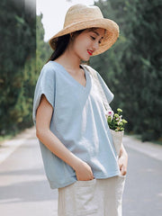 Simple Solid V-Neck T-Shirts Tops