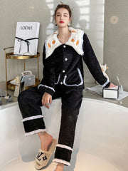 Casual Coral Fleece Jacquard Long Sleeve Lapel Collar Cardigan Top & Pants Pajamas Set