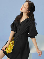 Retro Solid V-Neck Short Sleeve Mini Dress