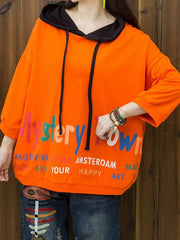 Loose Lettered Print Contrast Color Nine-Point Sleeve Hoodie