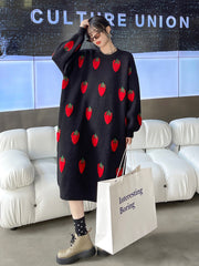 Loose Strawberry Jacquard Knit Midi Dress
