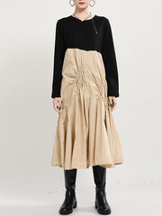 Retro Contrast Color Pleated Long Sleeve Midi Dress