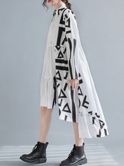 Lapel Striped Ruffled Long Sleeve Shirt Dress Midi Dress