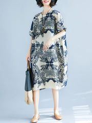 Natinal Flower Printed Linen Midi Dress