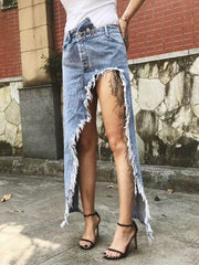 Original Irregularity Fringed Split-Front Denim Skirt