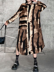 Long Sleeves Roomy Asymmetric Stamped Split-Joint Lapel Midi Shirt Dress