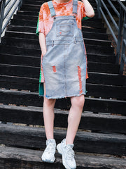 Tie Dye Short Sleeve T-Shirt Loose Stitching Denim Strap Dress