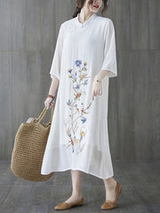Women Embroidery Retro Loose Slim Dress