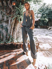 Solid Color Spaghetti-neck Waisted Jumpsuits