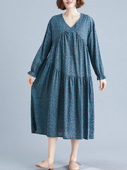 Loose V-Neck Vintage Long Sleeve Dress