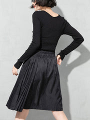 Women Solid Color Zipper Pleated Skirt