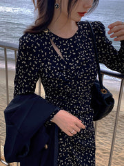 Floral Printed Long Sleeve Skinny Waisted Midi Dress