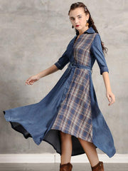 Vintage Plaid Splicing Cropped Jean Midi Dress