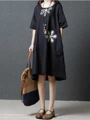 3 Colors Comfortable Round-neck Ramie Cotton Short Dress