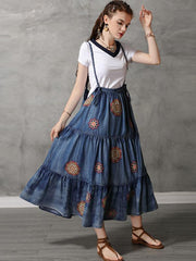 Vintage Denim Embroidery Braces Dress