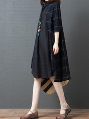 Loose Plaid Splicing Split-Side Lapel Dress
