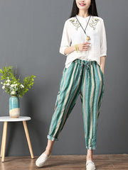 Loose Corlorful Stripe Lace-up Pants
