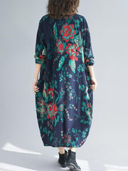 Vintage Large Flower Round-Neck Midi Dress