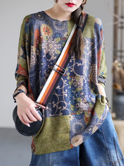 Retro Round Neck Print Sweater