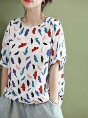 Vintage Flower Print Round Neck T-Shirt