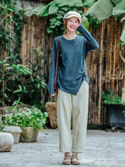 Women Retro Round Neck Loose Casual Bottoming Shirt
