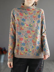 Women Retro High Collar Printed Loose Bottoming Sweater