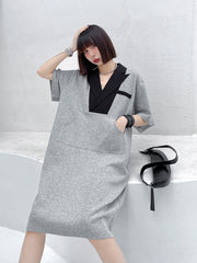 Lapel Color Matching Loose Thin Straight T-Shirt Dress