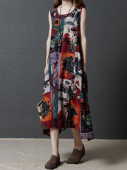 Red Printed Sleeveless Long Dress