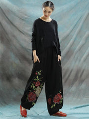 Linen Embroidered Elastic Loose Plus Size Pants