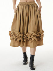 A-Line Roomy Falbala Pleated Pure Color Split-Joint Skirts Bottoms