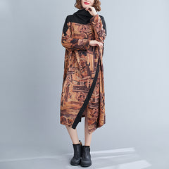 Women Retro Print Stitching Irregular Dress