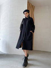 Zipper Solid Round-Neck Midi Dress