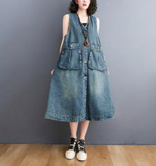 Vintage V-Neck Sleeveless Denim Vest Dress