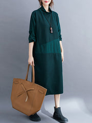 High-Neck Solid Casual Midi Dress