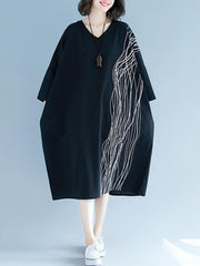 Loose Striped Print Vintage V-Neck Dress