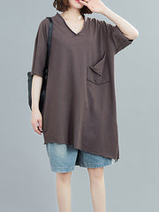 V-Neck Irregular Hole Half-Sleeved T-Shirt Tops