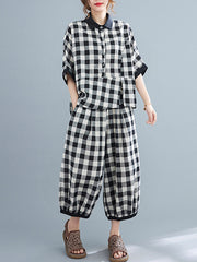 Plaid Splicing Shirt Wide Leg Pants Two-Piece Set