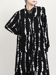 Stand Collar Printed Long Sleeves Midi Dress