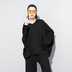 Women V-Neck Hooded Pocket Sweatshirt