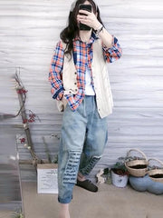 Loose Split-Joint Letter Embroidered Jean Pants