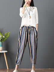 Loose Corlorful Stripe Lace-up Pants