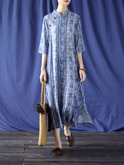 Retro Geometric Printd Stand Collar Cheongsam Midi Dress