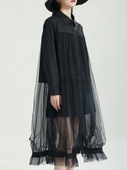 Long Sleeves Gauze See-Through Split-Joint Lapel Midi Dresses Shirt Dress