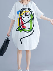 Round Neck Loose Cartoon Fun Print Short Sleeve Dress
